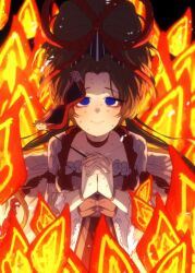  1girl blue_eyes brown_hair burnt_clothes chain choker closed_mouth curtains dress dress_ribbon e.g.o_(project_moon) fire frilled_dress frills from_above highres holding holding_mask indicant's_trial_(e.g.o) limbus_company long_hair looking_at_viewer mask masquerade_mask pmchell_04 project_moon rodion_(project_moon) smile solo sweat white_dress 