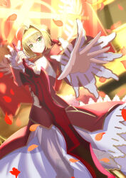  1girl absurdres blonde_hair braid braided_bun breasts dress falling_petals fate/extra fate/extra_ccc fate/grand_order fate_(series) green_eyes hair_bun highres holding holding_sword holding_weapon juliet_sleeves large_breasts long_sleeves looking_at_viewer narukamikagerou nero_claudius_(fate) nero_claudius_(fate/extra) outstretched_hand petals puffy_sleeves red_dress red_ribbon ribbon rose_petals single_hair_bun smile solo sword theater weapon yellow_background 