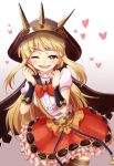  1girl artist_request bangs black_legwear blonde_hair blush bow cagliostro_(granblue_fantasy) cape crown granblue_fantasy hairband heart highres hood long_hair looking_at_viewer one_eye_closed open_mouth red_skirt skirt smile solo thigh-highs violet_eyes 