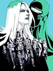  1other 6+boys aqua_background blurry blurry_background formaggio ghiaccio illuso jacket jojo_no_kimyou_na_bouken leone_abbacchio long_hair melone moody_blues_(stand) multiple_boys nobita_(makoto7060355) open_clothes open_jacket pants partially_colored pesci prosciutto risotto_nero spiked_pants stand_(jojo) striped_clothes striped_pants tuxedo vento_aureo walking 