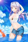 1girl absurdres bikini_top breasts dr_poapo hairband highres idolmaster long_hair open_mouth red_eyes shijou_takane shirt shorts silver_hair smile solo sunlight wading wet wet_clothes wet_shirt 