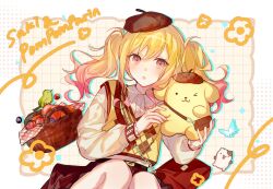  1girl :o animal apple argyle_clothes argyle_hat argyle_vest bag belt belt_buckle beret black_belt blonde_hair blue_butterfly blue_outline blueberry border brown_bag brown_hat brown_skirt buckle bug butterfly buttons cat chain character_name clothed_animal collared_shirt commentary cosplay cowboy_shot crossover dog dress_shirt eyelashes floating_hair food frilled_sleeves frills fruit gold_buckle gradient_hair green_bird grid_background hair_between_eyes halftone hat highres holding holding_animal knees light_blush long_hair long_sleeves looking_at_viewer miniskirt multicolored_hair open_mouth otorrio outline outside_border picnic_basket pink_eyes pink_hair pleated_skirt pompompurin pompompurin_(cosplay) project_sekai puffy_long_sleeves puffy_sleeves sanrio shirt shoulder_bag sidelocks skirt solo strawberry sweater_vest tenma_saki v-neck vest white_border white_shirt yellow_background yellow_vest 