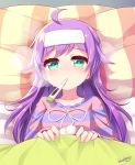  1girl artist_name blueberry_(5959) blush bow digital_thermometer green_eyes highres long_hair looking_at_viewer manaka_lala pripara purple_hair sick solo sweat thermometer under_covers watermark 
