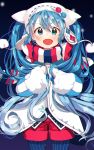  1girl :d absurdres blue_eyes blue_hair blush buttons commentary_request dr_poapo fur_trim hatsune_miku highres open_mouth shorts smile solo striped striped_legwear twintails vertical-striped_legwear vertical_stripes vocaloid yuki_miku 