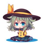  1girl aqua_eyes beni_shake chibi green_hair hat hat_ribbon komeiji_koishi long_sleeves looking_at_viewer open_mouth ribbon shirt sitting skirt smile solo third_eye touhou wide_sleeves 