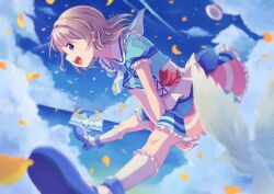  1girl :d arms_between_legs blue_dress blue_eyes blue_necktie blue_shoes blue_sky blurry blurry_background breasts clouds collared_dress commentary day depth_of_field dress frilled_dress frilled_socks frills from_side grey_hair highres kimi_no_kokoro_wa_kagayaiteru_kai? looking_at_viewer love_live! love_live!_sunshine!! macken666 medium_breasts midair necktie official_alternate_costume outdoors profile puffy_short_sleeves puffy_sleeves rounded_collar shoes short_dress short_hair short_sleeves sky smile socks solo stage teeth upper_teeth_only watanabe_you white_socks 