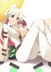  1girl :d ahoge ankh arm_support ass belt bodysuit breasts candy cleavage gloves guilty_gear guilty_gear_xrd halo jack-o_(guilty_gear) lollipop long_hair looking_at_viewer multicolored_hair open_clothes open_mouth pantylines red_eyes redhead sasakura sitting smile solo two-tone_hair white_hair 