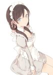  1girl apron black_hair blue_eyes breasts cleavage long_hair looking_at_viewer low_twintails lp_(hamasa00) maid_apron maid_headdress original parted_lips simple_background sitting solo twintails white_background 