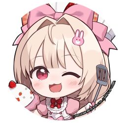  1girl apron blunt_bangs braid buttons chef_hat chibi chibi_only close-up commentary copyright_notice crust_(nikke) dress english_commentary food-themed_hair_ornament goddess_of_victory:_nikke hair_ornament hair_ribbon hat highres holding holding_spatula holding_tray light_blush long_hair official_art one_eye_closed pink_dress pink_ribbon puffy_short_sleeves puffy_sleeves red_ribbon ribbon short_sleeves solo spatula strawberry_hair_ornament totatokeke tray twin_braids very_long_hair white_apron white_background white_ribbon 