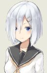  1girl aemu_(august_life) blue_eyes collarbone grey_background hair_ornament hair_over_one_eye hairclip hamakaze_(kantai_collection) kantai_collection neckerchief sailor_collar school_uniform serafuku short_hair solo upper_body white_hair 