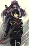  1boy 1girl black_hair gloves hand_on_another&#039;s_chin hand_on_another&#039;s_face highres hiiragi_mahiru ichinose_guren kanro_(3637_3637) long_hair medal military military_uniform owari_no_seraph purple_hair red_eyes school_uniform serafuku sword uniform violet_eyes weapon white_gloves 