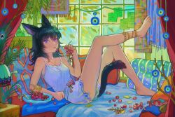  1girl absurdres animal_ears bare_legs barefoot bed black_hair blanket blunt_bangs branch cat_ears cat_girl feet food fruit full_body grapes heterochromia highres jewelry lamp long_hair looking_at_viewer lying necklace original pillow plate short_jumpsuit sleeveless solo table tail translation_request window ya0n0524 