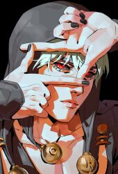  1boy arms_up bell black_background black_hat black_jacket black_nails black_sclera closed_mouth collarbone colored_sclera commentary english_commentary eyelashes haddockkkk hair_between_eyes hat highres jacket jojo_no_kimyou_na_bouken looking_ahead male_focus mismatched_sclera nail_polish open_clothes open_jacket pectoral_cleavage pectorals red_eyes risotto_nero simple_background solo upper_body white_hair 