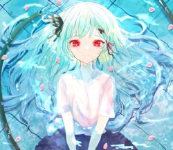  1girl black_skirt bug butterfly butterfly_hair_ornament collared_shirt green_hair hair_ornament highres hololive koumimi long_hair partially_submerged petals pink_petals pool red_eyes shirt skirt solo upper_body uruha_rushia virtual_youtuber water wet wet_clothes white_shirt 