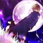  1boy brown_hair dog full_moon grass hands_in_pockets high_collar kasugai_koyo levizo long_coat long_sleeves male_focus moon night short_hair soukyuu_no_fafner spoilers twitter_username 