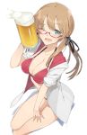  1girl ;d alcohol beer beer_mug bikini blonde_hair blush breasts cleavage collarbone drink froth green_eyes hair_ribbon hand_on_leg hayashi_kewi kantai_collection low_twintails one_eye_closed open_clothes open_mouth open_shirt prinz_eugen_(kantai_collection) red_bikini ribbon shirt simple_background sitting smile solo swimsuit twintails white_background yokozuwari 
