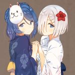  2girls blue_eyes blue_hair brown_background flower fox_mask hair_flower hair_ornament hair_over_one_eye hairclip hamakaze_(kantai_collection) holding_hands japanese_clothes kanamura_will kantai_collection kimono looking_at_viewer mask multiple_girls silver_hair simple_background smile symmetrical_hand_pose urakaze_(kantai_collection) 