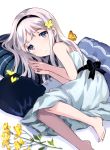  1girl bare_shoulders barefoot butterfly dress flower hairband highres long_hair lying on_side original pillow purple_hair shadow solo tan_(tangent) violet_eyes white_background 