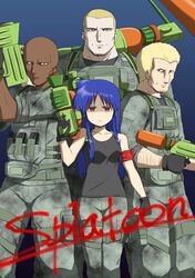  1girl 3boys aizawa_chizuru bandana blue_hair camouflage copyright_name gloves gun highres long_hair looking_at_viewer military military_uniform multiple_boys nanchang paint_roller rifle shinryaku!_ikamusume soldier splatoon super_soaker uniform water_gun weapon 