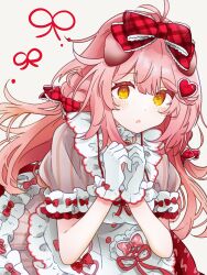  1girl :o arknights aza_nonoka blush bow braid commentary dress frilled_bow frills gloves goldenglow_(arknights) goldenglow_(party_in_the_garden)_(arknights) grey_background hair_bow hair_ornament hands_up heart heart_hair_ornament highres long_hair looking_at_viewer official_alternate_costume own_hands_together parted_lips pink_hair puffy_short_sleeves puffy_sleeves red_bow revision short_sleeves simple_background solo split_mouth sweatdrop white_dress white_gloves yellow_eyes 