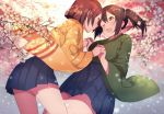  2girls brown_hair flower hiryuu_(kantai_collection) holding_hands iruma_(ikutomi) japanese_clothes kantai_collection long_hair multiple_girls one_eye_closed open_mouth short_hair smile souryuu_(kantai_collection) twintails 