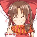  1girl ^_^ absurdres benikurage blush bow brown_eyes brown_hair closed_eyes commentary_request cookie_(touhou) detached_sleeves hair_bow hair_ribbon hair_tubes hakurei_reimu heart highres long_hair middle_finger nnns ribbon ribbon-trimmed_sleeves ribbon_trim scarf smile solo touhou 