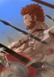  1boy armor army bare_shoulders beard commentary_request crossed_arms dark-skinned_male dark_skin day facial_hair fate/grand_order fate/zero fate_(series) from_side highres ionioi_hetairoi_(fate) iskandar_(fate) kdm_(ke_dama) looking_ahead male_focus muscular muscular_male polearm red_eyes redhead serious short_hair solo spear upper_body veins veiny_arms weapon 