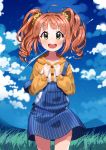  1girl :d absurdres ahoge artist_name blush brown_hair clouds dr_poapo flower grass green_eyes hair_flower hair_ornament highres hoodie idolmaster looking_at_viewer open_mouth smile solo strap_slip takatsuki_yayoi twintails vertical_stripes 