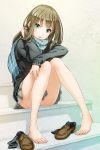  1girl bare_legs barefoot brown_hair feet fukukitaru green_eyes highres idolmaster idolmaster_cinderella_girls legs loafers long_hair necktie pleated_skirt scarf school_uniform shibuya_rin shoes shoes_removed skirt socks_removed solo stairs sweater toes 