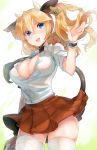  1girl animal_ears blonde_hair blue_eyes blush breasts cleavage cow_ears cow_girl cow_horns cow_tail ear_tag horns large_breasts long_hair looking_at_another naso4 open_mouth original short_sleeves skirt smile solo tail thigh-highs twintails white_legwear 