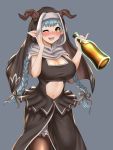  1girl ;d blue_hair blush bottle braid breasts cleavage drunk granblue_fantasy habit hakuduki18 hand_on_own_cheek highres horns large_breasts long_hair looking_at_viewer navel navel_cutout nun one_eye_closed open_mouth pantyhose pinky_out pointy_ears rumredda smile solo twin_braids 