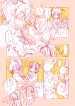  2girls :d @_@ akagi_miria amezawa_koma blush bow closed_eyes comic hair_bow hair_ornament highres idolmaster idolmaster_cinderella_girls jougasaki_mika long_hair mouth_hold multiple_girls multiple_monochrome open_mouth partially_translated pocky pocky_kiss shared_food short_hair sketch smile translation_request twintails two_side_up 