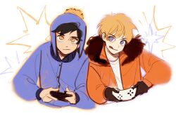  2boys black_gloves black_hair blonde_hair blue_eyes blue_hat blue_jacket buttons closed_mouth controller craig_tucker fur-trimmed_jacket fur_trim gloves hat highres holding hood hooded_jacket jacket joystick kenny_mccormick long_sleeves looking_at_viewer male_focus multiple_boys open_clothes open_jacket orange_jacket pom_pom_(clothes) puffy_long_sleeves puffy_sleeves rrrrrrrrrrrou1 shirt short_hair simple_background smile south_park t-shirt tongue tongue_out upper_body white_background white_shirt yellow_eyes 