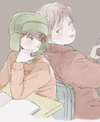  2boys animification blush book brown_eyes brown_hair closed_mouth desk eric_cartman from_behind green_eyes green_hat grey_background hand_on_own_face hand_up hat holding jacket kyle_broflovski long_sleeves looking_at_another looking_back male_focus multiple_boys on_chair open_book orange_jacket red_hair red_jacket school_desk short_hair simple_background sitting south_park tongue tongue_out tsu_da 