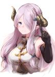  1girl bare_shoulders black_gloves blue_eyes braid breasts commentary_request demon_horns elbow_gloves gloves granblue_fantasy hair_ornament hair_over_one_eye horns large_breasts lavender_hair long_hair narumeia_(granblue_fantasy) pink_hair pointy_ears roll_okashi sideboob solo symbol-shaped_pupils white_background 