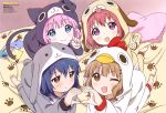  4girls :3 :d ;d akaza_akari animal_costume barefoot blonde_hair blue_eyes blue_hair book brown_eyes bunny_costume cat_costume chicken_costume dog_costume fang furutani_himawari hair_ornament hairclip heart heart_hands heart_hands_duo looking_at_viewer multiple_girls newtype nishimura_rie official_art one_eye_closed oomuro_sakurako open_mouth pajamas paw_pose paw_print pink_hair redhead smile toes violet_eyes yoshikawa_chinatsu yuru_yuri 