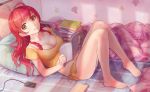  1girl ahoge barefoot bed bed_sheet book breasts brown_eyes cellphone cleavage collarbone highres legs lips long_hair lying on_back original phone pillow redhead short_shorts shorts smartphone smile solo 