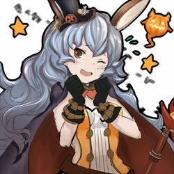  1girl ;d animal_ears bare_shoulders black_gloves blue_hair brown_eyes cat_ears ferri_(granblue_fantasy) gloves granblue_fantasy halloween halloween_costume hat long_hair lowres mini_hat mini_top_hat o_(rakkasei) one_eye_closed open_mouth simple_background sketch smile solo star strapless top_hat white_background 