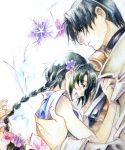  1boy 1girl black_hair braid closed_eyes couple flower graphite_(medium) hair_flower hair_ornament hand_on_another&#039;s_chest happy hetero highres hug looking_down makimachi_misao nijinohouseki rurouni_kenshin shinomori_aoshi short_hair single_braid smile traditional_media upper_body watercolor_(medium) 