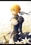  1girl :| ahoge artist_request blonde_hair breasts dress excalibur fate/stay_night fate_(series) flower green_eyes juliet_sleeves long_sleeves petals puffy_sleeves saber small_breasts solo sword type-moon weapon wind 