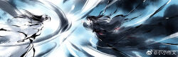  2boys black_hair black_hanfu black_robe blindfold blue_background chinese_clothes chinese_commentary clash covered_eyes duel expressionless faux_traditional_media feet_out_of_frame from_side hair_between_eyes hanfu holding holding_sword holding_weapon ink_wash_painting long_hair long_sleeves looking_at_another male_focus modao_zushi multiple_boys profile robe sword sword_clash watermark weapon weibo_watermark white_blindfold white_hanfu white_robe wide_sleeves xiao_xiao_zuowen xiao_xingchen xue_yang 