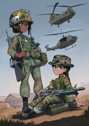  2girls aircraft ammunition_belt ammunition_box ammunition_pouch army_of_the_republic_of_vietnam assault_rifle black_hair boonie_hat ch-47_chinook combat_helmet dark-skinned_female dark_skin dog_tags erica_(naze1940) field_radio gun helicopter helmet highres holding holding_gun holding_weapon long_hair m16 m16a1 m1_helmet m60_(machine_gun) m72_law machine_gun military_combat_uniform military_uniform multiple_girls original pouch rifle second-party_source smoke_grenade soldier uh-1_iroquois united_states_army vietnam_war weapon 