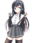  1girl aqua_eyes arm_warmers asashio_(kantai_collection) black_hair black_legwear dress_shirt kantai_collection long_hair looking_at_viewer open_mouth shirt skirt solo suspenders_pull thigh-highs tokoi 