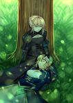  2girls ahoge armor armored_dress art artoria_pendragon_(all) blonde_hair blue_dress bow braid breasts cleavage collarbone dark_persona dress dual_persona fate/stay_night fate_(series) faulds french_braid gauntlets grass green_eyes hair_ribbon hand_on_another&#039;s_cheek hand_on_another&#039;s_face hand_on_another&#039;s_head heaven&#039;s_feel highres juliet_sleeves lap_pillow long_sleeves looking_at_another multiple_girls nashoki open_mouth pale_skin puffy_sleeves ribbon saber saber_alter short_hair sidelocks sky small_breasts tree yellow_eyes 