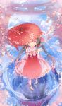  1girl :&lt; absurdres after_rain alternate_eye_color alternate_hairstyle ankle_bell ankle_ribbon arm_ribbon bell black_hair blue_sky blush bow cherry_blossoms clouds dress drill_hair floral_print from_above gradient_dress gradient_hair hair_bell hair_bow hair_ornament hair_ribbon hakurei_reimu hand_up highres holding_umbrella hoshi_ame long_ponytail looking_at_viewer looking_up multicolored_hair oriental_umbrella petals pink_dress pink_eyes pink_hair rabbit red_dress reflection reflective_eyes reflective_floor ribbon ribbon-trimmed_collar ribbon_trim ripples short_hair sky solo sparkle split_ponytail stone_walkway strapless_dress streaked_hair tabi torii touhou transparent_sleeves tree_branch tress_ribbon umbrella white_legwear zouri 