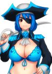  1girl adapted_costume amagi_brilliant_park bikini blue_bikini blue_hair breasts cleavage cosplay erkaz eyepatch hand_on_hip hat highres huge_breasts looking_at_viewer original pirate pirate_hat red_eyes rina_atherina sento_isuzu short_hair smile solo swimsuit sword weapon 