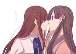  2girls aoki_shizumi background_text bangs blue_ribbon brown_eyes brown_hair collared_shirt commentary_request flower from_side hair_flower hair_ornament hidden_eyes idolmaster idolmaster_cinderella_girls incipient_kiss japanese_clothes kimono kimono_skirt kobayakawa_sae light_background long_hair mizumoto_yukari multiple_girls ribbon shirt sidelocks simple_background smirk surprised text traditional_clothes white_background white_shirt yuri 