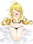  1girl ;d absurdres ahoge blonde_hair bra breasts dr_poapo fangs green_eyes highres hoshii_miki idolmaster long_hair one_eye_closed open_mouth panties signature smile solo strap_slip underwear 