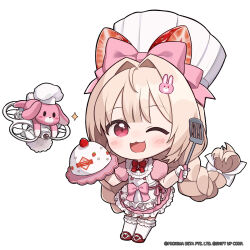  1girl :3 animal apron blunt_bangs blush braid buttons chef_hat chibi chibi_only commentary copyright_notice crust_(nikke) dress english_commentary flat_top_chef_hat food-themed_hair_ornament food_print fruit_print full_body gloves goddess_of_victory:_nikke hair_intakes hair_ornament hair_ribbon hat heart highres holding holding_spatula holding_tray light_blush long_hair looking_at_viewer low_twin_braids no_nose official_art one_eye_closed open_mouth pink_dress pink_ribbon puffy_short_sleeves puffy_sleeves rabbit_hair_ornament red_eyes red_ribbon red_shoes ribbon shoes short_sleeves simple_background smile solo sparkle spatula strawberry_hair_ornament strawberry_print thigh-highs totatokeke tray twin_braids very_long_hair white_apron white_background white_gloves white_hat white_ribbon white_thighhighs 