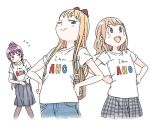  3girls backpack bag blonde_hair blue_eyes bow clothes_writing english hair_bow hair_ornament hairclip ikeda_keisuke long_hair matching_outfit multiple_girls oomuro_sakurako open_mouth pantyhose plaid plaid_skirt romaji shirt short_hair skirt smile sugiura_ayano t-shirt tagme toshinou_kyouko yuru_yuri 